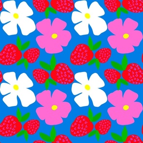 Big Poppy Strawberry Red White Blue Mix Flower And Fruit Mini Silhouettte Bright Yellow Hot Pink Mid-Century Modern Retro Red Berry Scandi Swedish Navy Summer Garden Party Pool And Patio Repeat Minimalist Nature Wildflower Cosmos Floral Meadow Pattern