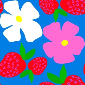Big Poppy Strawberry Red White Blue Mix Flower And Fruit Silhouettte Bright Yellow Hot Pink Mid-Century Modern Retro Red Berry Scandi Swedish Navy Summer Garden Party Pool And Patio Repeat Minimalist Nature Wildflower Cosmos Floral Meadow Pattern