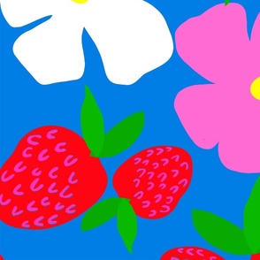 Big Poppy Strawberry Red White Blue Mix Flower And Fruit Large Silhouettte Bright Yellow Hot Pink Mid-Century Modern Retro Red Berry Scandi Swedish Navy Summer Garden Party Pool And Patio Repeat Minimalist Nature Wildflower Cosmos Floral Meadow Pattern