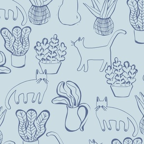Kitties and Houseplants Blockprint Pattern in Blue Nova and Polar Sky  Benjamin Moore Colors LARGE