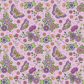 Butterflies and Flowers in a Pink Background–Small Scale