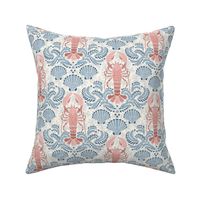 Lobster damask in pale blue and peachy pink - small scale