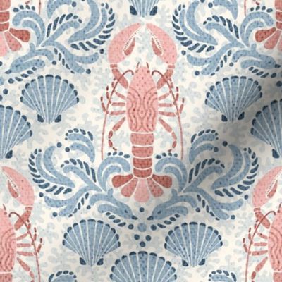 Lobster damask in pale blue and peachy pink - small scale