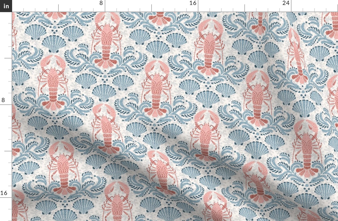 Lobster damask in pale blue and peachy pink - small scale