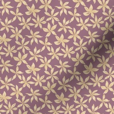 Five Petal Star shaped gold romantic flowers on a dark mauve, light purple background - small