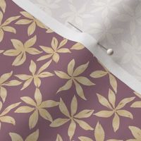 Five Petal Star shaped gold romantic flowers on a dark mauve, light purple background - small