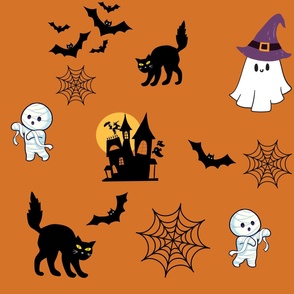 Halloween Black and Orange Cats, Bats, Ghosts Cute Kids Fabric wallpaper