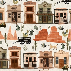 Whimsical wild west - Cowboy western town with red canyon mountains white linen Large - southwestern desert - big boy room wallpaper