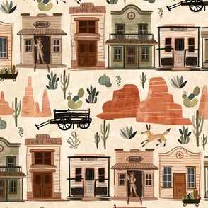 Whimsical wild west - Cowboy western town with red canyon mountains sand - southwestern desert - big boy room wallpaper