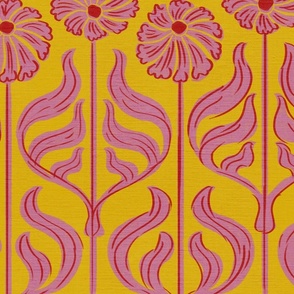 Art Deco Chic: Pink Flowers on Mustard Yellow - large scale