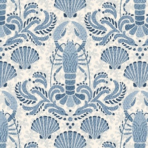 Lobster damask in faded indigo blue - large scale