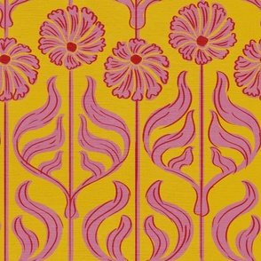Art Deco Chic: Pink Flowers on Mustard Yellow - medium scale