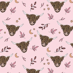 Little cute highland cows - night garden with moon stars and leaves boho animals on blush pink