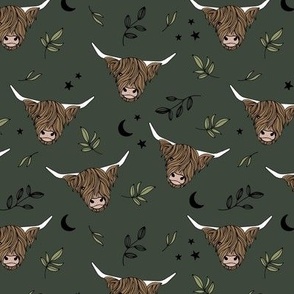 Little cute highland cows - night garden with moon stars and leaves boho animals on deep green