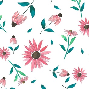 Traditional Watercolor Floral Pattern in Rose Pink and Jade Green