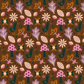 Leaves flowers and mushrooms - Purple, light coral, pink, ocher, deep blue and brown background