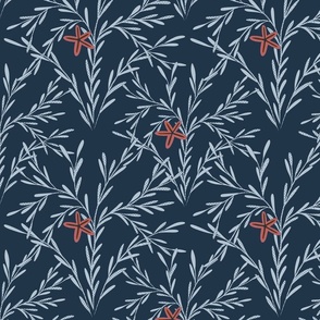 Blue coral with red starfish on dark blue