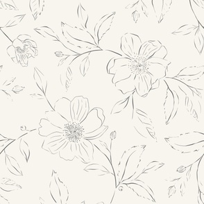 Bohemian Sketched Neutral Flowers  Lighter Charcoal Black And Cream