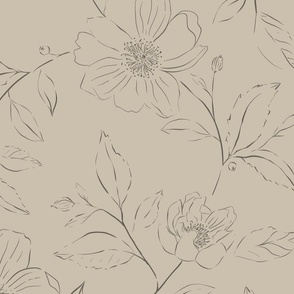 large scale Bohemian sketched floral - Lighter Charcoal on Dark beige