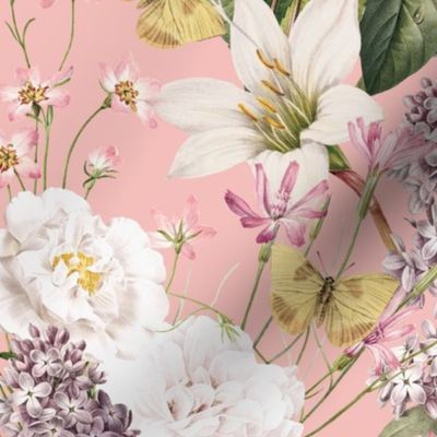 Embrace an Enchanting Spring And Summer Romance: Maximalism Moody Florals, Vintage Exotic Flowers,Purple Lilacs and Nostalgic Wildflowers And Butterflies in Antiqued Garden, Enhanced by White Roses And Lilies, Victorian Mystic-Inspired Powder Room Wallpap