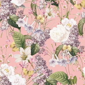 Embrace an Enchanting Spring And Summer Romance: Maximalism Moody Florals, Vintage Exotic Flowers,Purple Lilacs and Nostalgic Wildflowers And Butterflies in Antiqued Garden, Enhanced by White Roses And Lilies, Victorian Mystic-Inspired Powder Room Wallpap