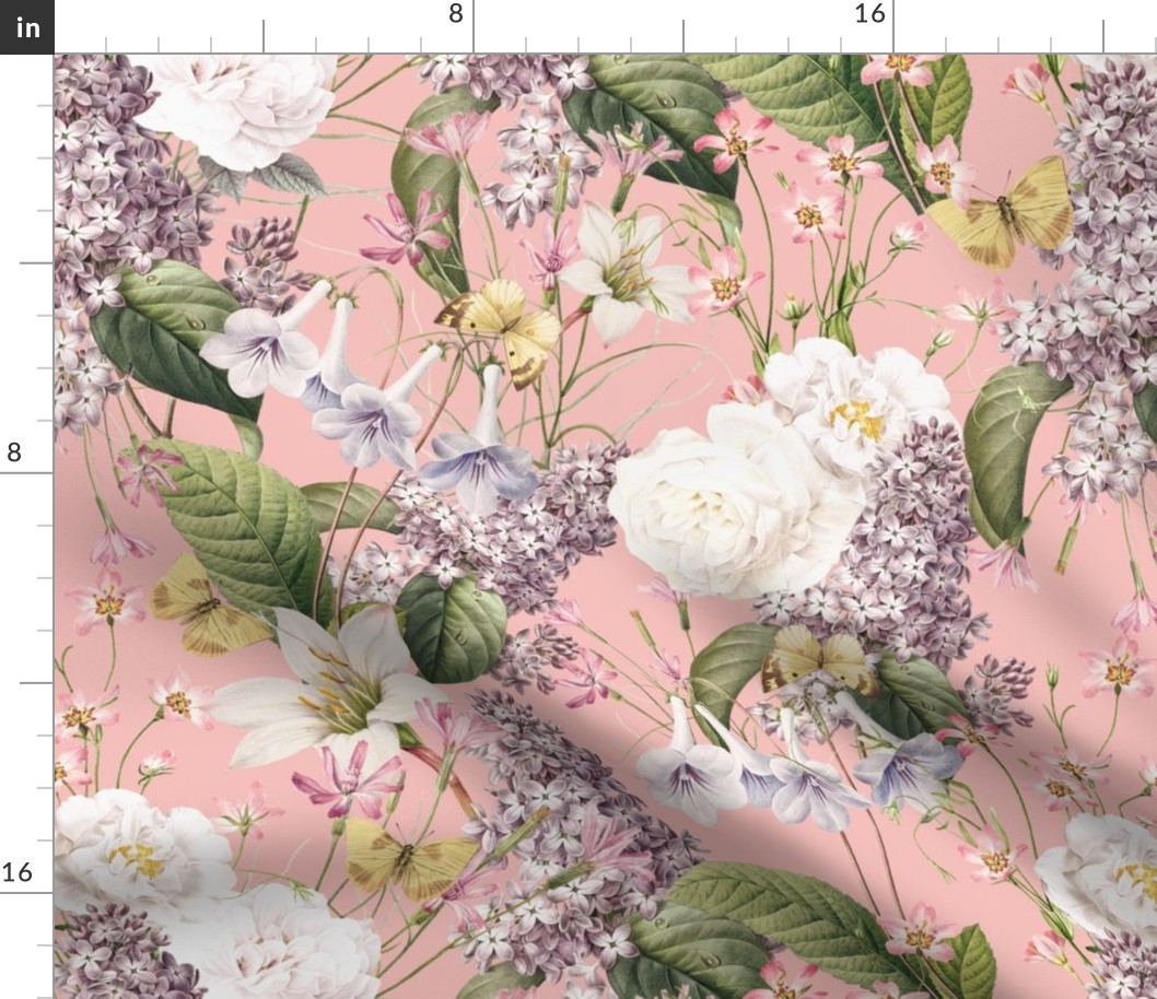 Embrace an Enchanting Spring And Summer Romance: Maximalism Moody Florals, Vintage Exotic Flowers,Purple Lilacs and Nostalgic Wildflowers And Butterflies in Antiqued Garden, Enhanced by White Roses And Lilies, Victorian Mystic-Inspired Powder Room Wallpap