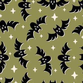 Cute Halloween Bats tossed in black on olive green for quilting and kids - Large Scale