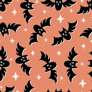 Cute Halloween Bats tossed in black on peach for quilting and kids - Large Scale