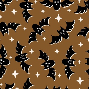 Cute Halloween Bats tossed in black on chocolate brown for quilting and kids - Large Scale