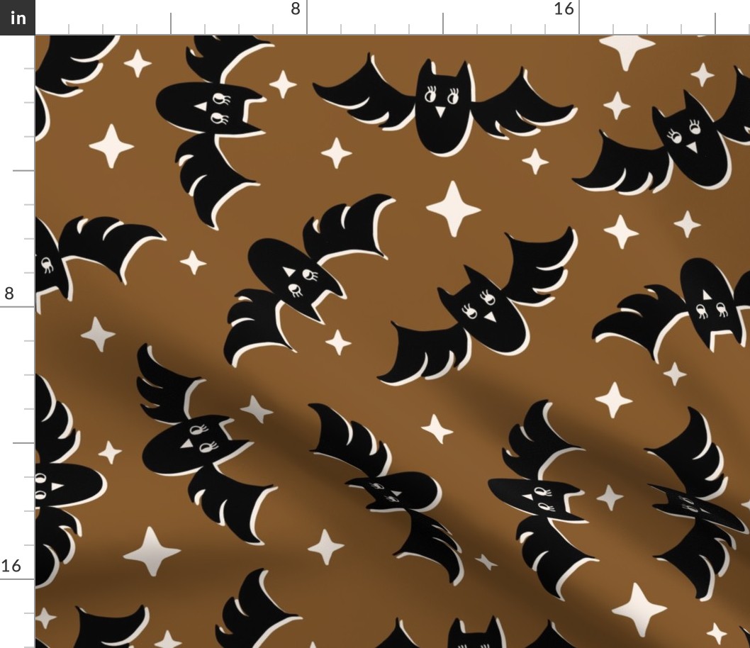 Cute Halloween Bats tossed in black on chocolate brown for quilting and kids - Large Scale
