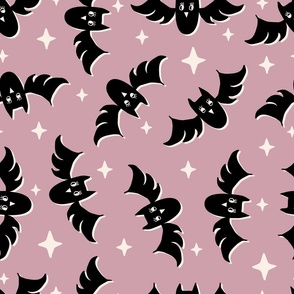 Cute Halloween Bats tossed in black on lilac for quilting and kids - Large Scale