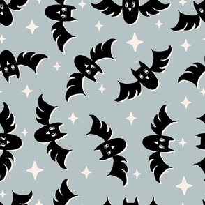 Cute Halloween Bats tossed in black on light blue for quilting and kids - Large Scale