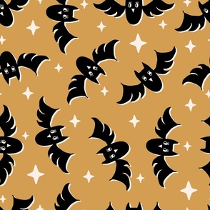 Cute Halloween Bats tossed in black on mustard yellow for quilting and kids - Large Scale