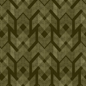 Textured geometric pattern. Light olive ornament on a dark olive background.