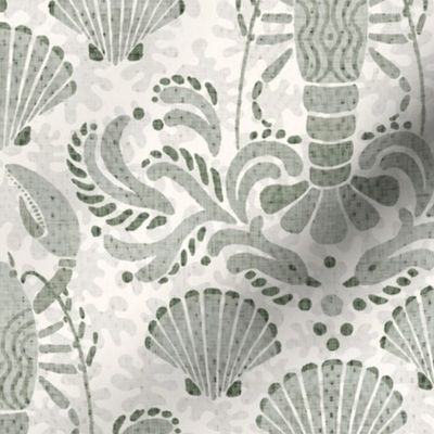 Lobster damask warm green gray on cream - medium scale