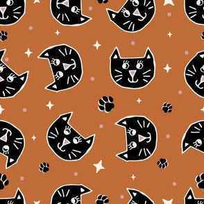 Cute Halloween Cats tossed in black on burnt orange for quilting and kids - Large Scale