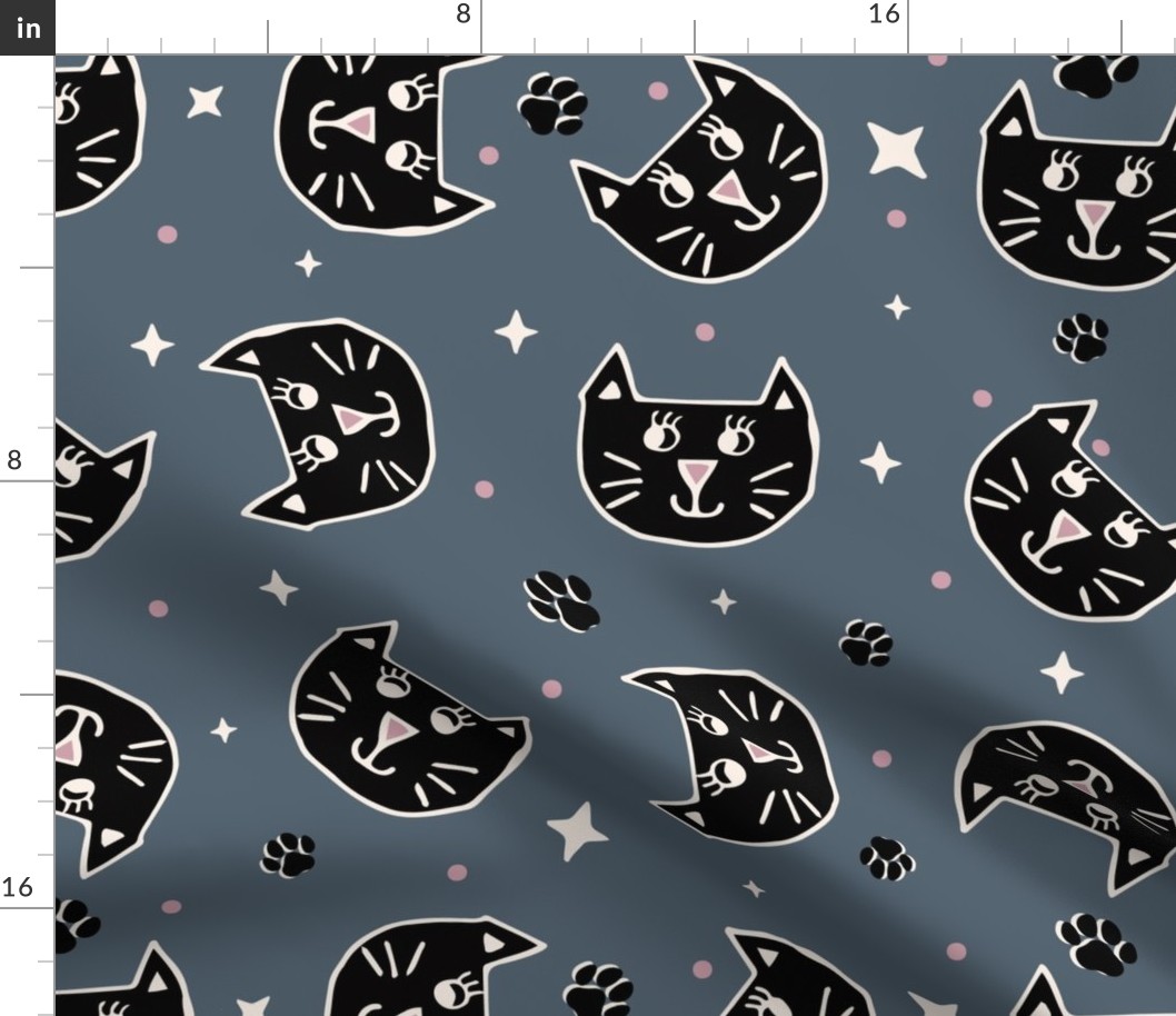 Cute Halloween Cats tossed in black on dark gray for quilting and kids - Large Scale
