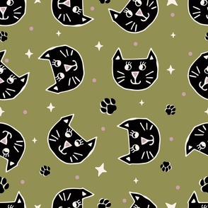 Cute Halloween Cats tossed in black on olive green for quilting and kids - Large Scale