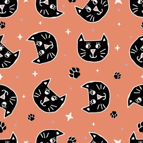 Cute Halloween Cats tossed in black on peach for quilting and kids - Large Scale