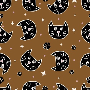 Cute Halloween Cats tossed in black on chocolate brown for quilting and kids - Large Scale