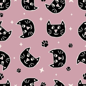 Cute Halloween Cats tossed in black on lilac for quilting and kids - Large Scale