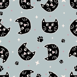 Cute Halloween Cats tossed in black on light blue for quilting and kids - Large Scale