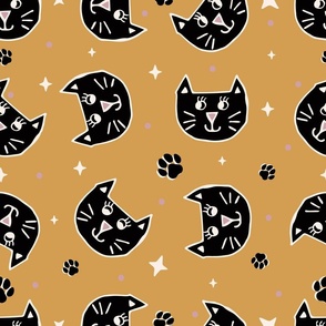 Cute Halloween Cats tossed in black on mustard yellow for quilting and kids - Large Scale