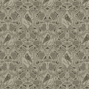 Small-Scale Crow & Dragonfly Floral in Neutral Taupe and Brown