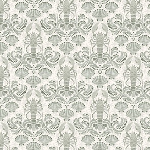 Lobster damask warm green gray on cream - small scale