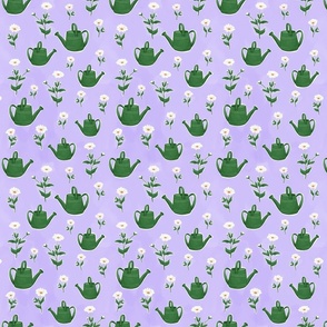 Watering cans and daisies on purple, small