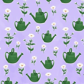 Watering cans and daisies on purple, big