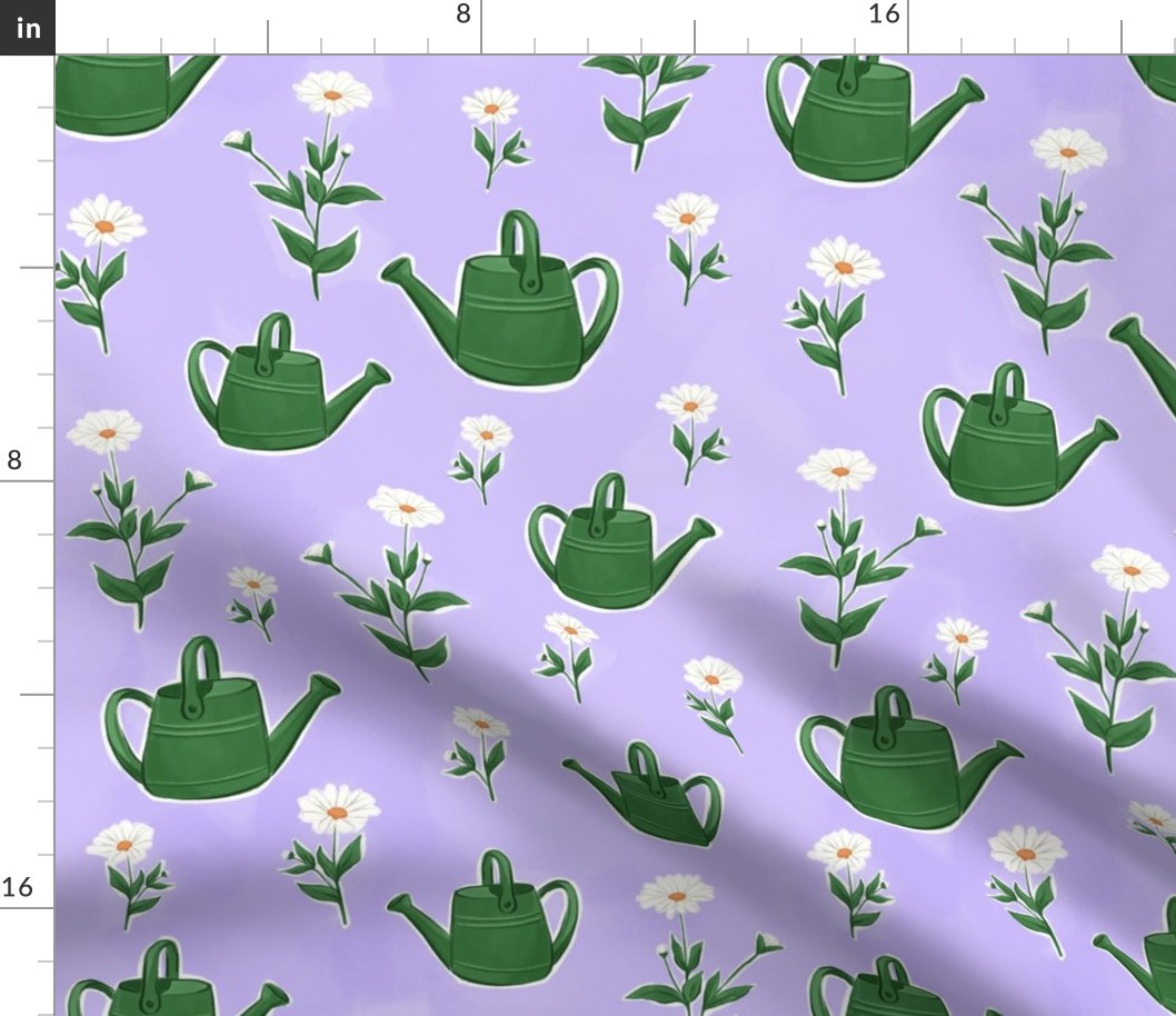 Watering cans and daisies on purple, big