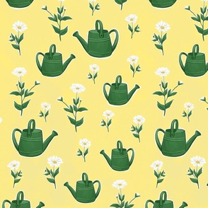 Watering cans and daisies on yellow, big