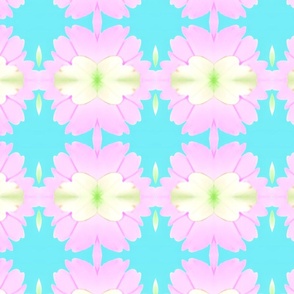 Pink, Green and Cream Geometric Flowers with Aqua Background